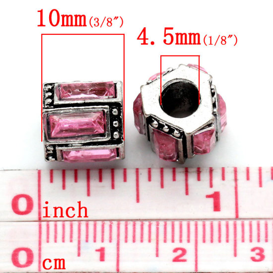 Bild von Zinklegierung European Stil Charm Großlochperlen Antiksilber Rosa Strass Columnar 12x11mm Loch:Ca.5mm, 10 Stücke