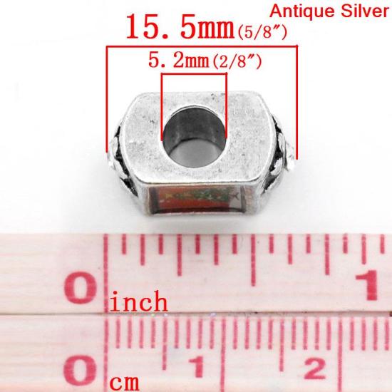 Picture of Zinc Metal Alloy European Style Large Hole Charm Beads Rectangle Antique Silver Multicolor Christmas Tree Pattern Flower Carved Clear Rhinestone 15.5x9.5mm, Hole: Approx: 5.2mm, 10 PCs