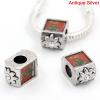 Picture of Zinc Metal Alloy European Style Large Hole Charm Beads Rectangle Antique Silver Multicolor Christmas Tree Pattern Flower Carved Clear Rhinestone 15.5x9.5mm, Hole: Approx: 5.2mm, 10 PCs
