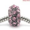 Picture of Zinc Based Alloy European Style Large Hole Charm Beads Round Antique Silver Pink Rhinestone About 13mm x 8mm, Hole: Approx 6mm, 5 PCs