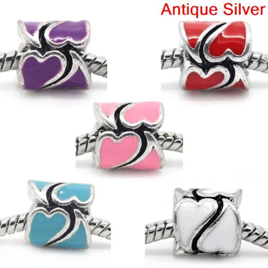 Picture of Zinc Metal Alloy European Style Large Hole Charm Beads Cylinder Antique Silver Heart Carved Mixed Enamel 10.5x10.5mm, Hole: Approx: 4.7mm, 10 PCs