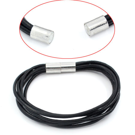 Cowhide Leather Copper Bracelets Black W/Silver Tone Magnetic Clasps 18cm,2PCs