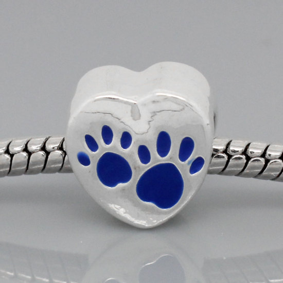 Picture of Zinc Metal Alloy European Style Large Hole Charm Beads Heart Silver Plated Bear Paw Carved Blue Enamel About 12mm x 11mm, Hole: Approx 4.8mm, 10 PCs