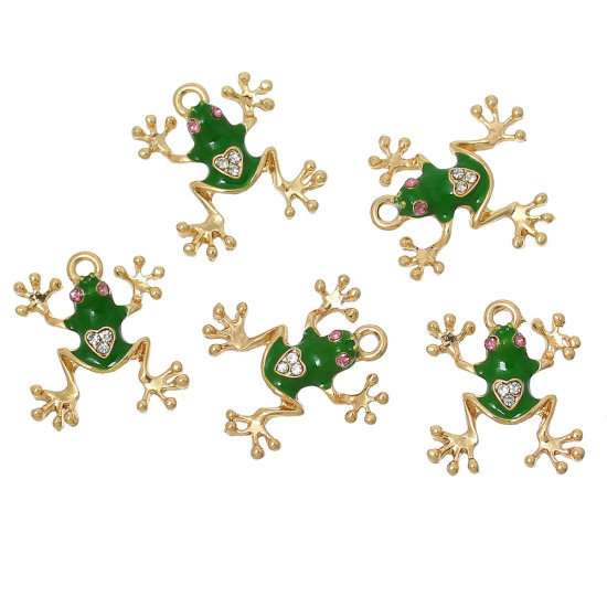 Picture of Zinc Metal Alloy Charm Pendants Frog Animal Gold Plated Green Enamel Clear & Pink Rhinestone 22mm x 19mm( 7/8"x 6/8"), 10 PCs