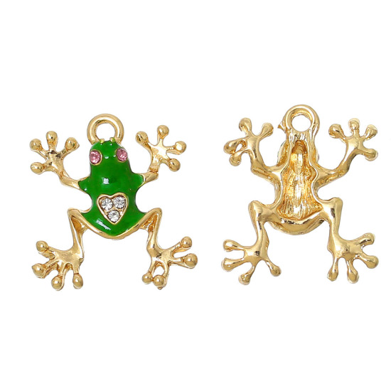 Picture of Zinc Metal Alloy Charm Pendants Frog Animal Gold Plated Green Enamel Clear & Pink Rhinestone 22mm x 19mm( 7/8"x 6/8"), 10 PCs