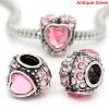 Изображение Бусины В Стиле Пандора Сердце, Античное Серебро Цвет стразов: Розовый, 12.0мм x 10.0мм, 4.8мм, 10 ШТ
