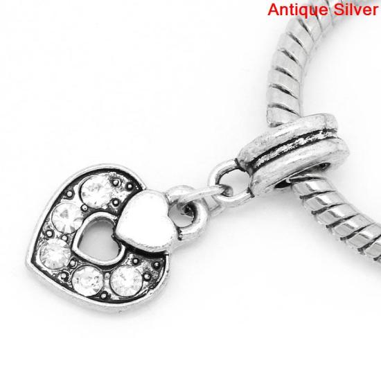 Picture of European Style Large Hole Charm Dangle Beads Heart Antique Silver Clear Rhinestone 27mm x 12mm, Hole: Approx 4.6mm, 10 PCs