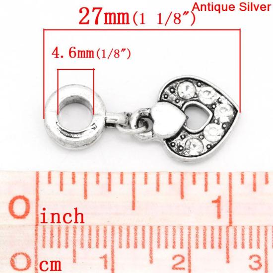 Picture of European Style Large Hole Charm Dangle Beads Heart Antique Silver Clear Rhinestone 27mm x 12mm, Hole: Approx 4.6mm, 10 PCs