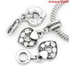 Picture of European Style Large Hole Charm Dangle Beads Heart Antique Silver Clear Rhinestone 27mm x 12mm, Hole: Approx 4.6mm, 10 PCs