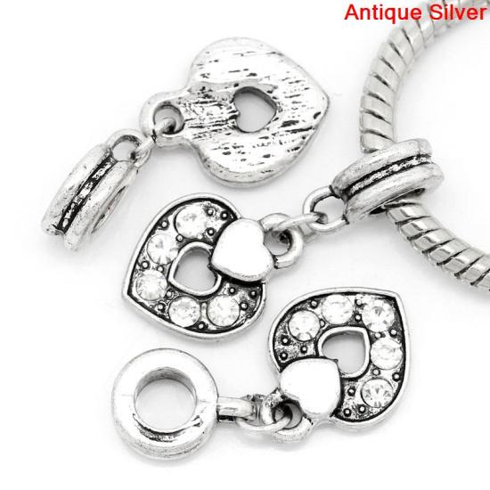 Picture of European Style Large Hole Charm Dangle Beads Heart Antique Silver Clear Rhinestone 27mm x 12mm, Hole: Approx 4.6mm, 10 PCs