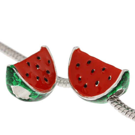 Picture of Zinc Metal Alloy European Style Large Hole Charm Beads Watermelon Silver Plated Green & Red Enamel 20mm x 13mm, Hole: Approx: 6mm x 5mm, 10 PCs