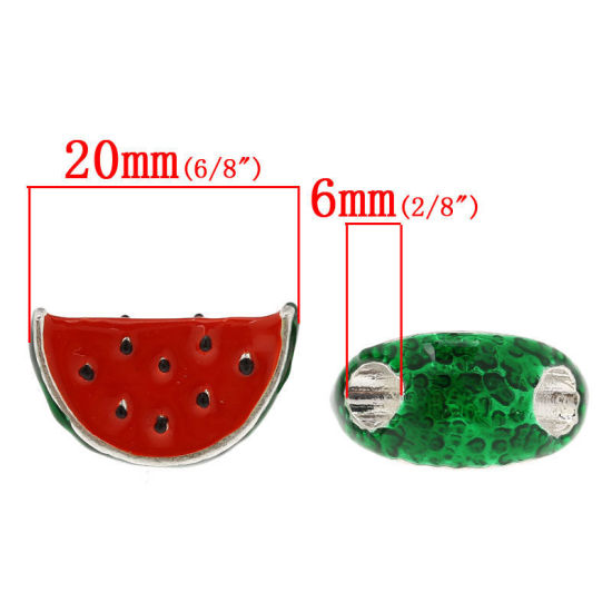 Picture of Zinc Metal Alloy European Style Large Hole Charm Beads Watermelon Silver Plated Green & Red Enamel 20mm x 13mm, Hole: Approx: 6mm x 5mm, 10 PCs