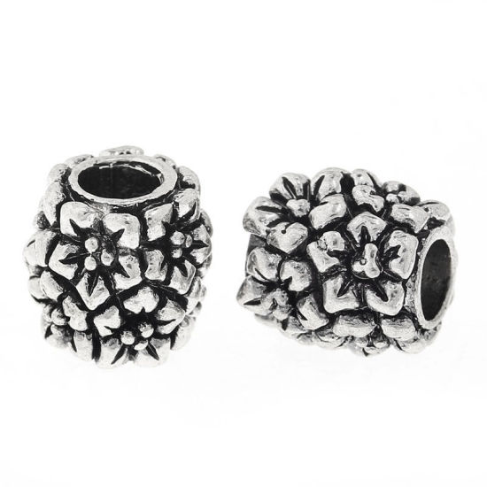 Picture of 2 PCs Zinc Based Alloy European Style Large Hole Charm Beads Antique Silver Color Barrel Flower 11mm x 11mm, Hole: Approx 4.9mm