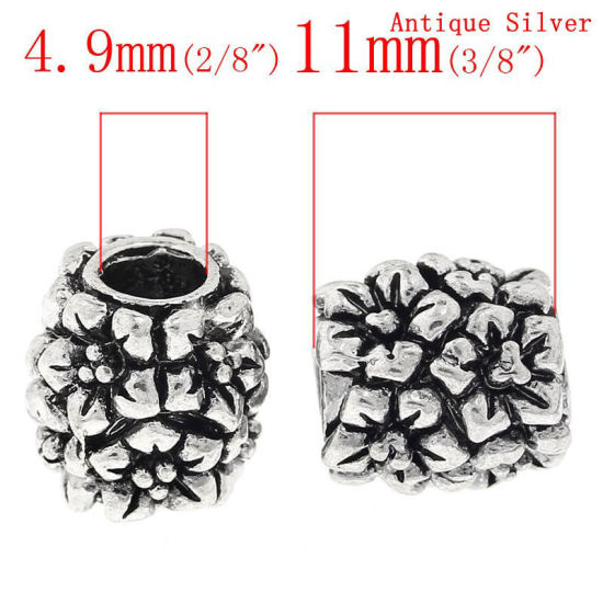 Picture of 2 PCs Zinc Based Alloy European Style Large Hole Charm Beads Antique Silver Color Barrel Flower 11mm x 11mm, Hole: Approx 4.9mm