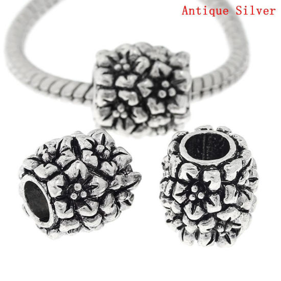 Picture of 2 PCs Zinc Based Alloy European Style Large Hole Charm Beads Antique Silver Color Barrel Flower 11mm x 11mm, Hole: Approx 4.9mm