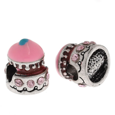 Image de Perles à Gros Trou au Style Européen en Alliage de Zinc Gâteau Argent Antique Rose & Bleu Email à Strass Rose Clair Env. 14mm x 12mm, Tailles de Trous: 4.7mm, 1 Pièce