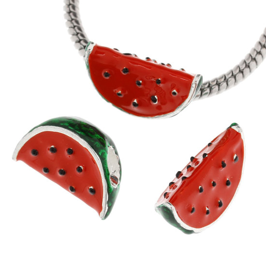 Picture of Zinc Metal Alloy European Style Large Hole Charm Beads Watermelon Silver Plated Green & Red Enamel 20mm x 13mm, Hole: Approx: 6mm x 5mm, 10 PCs