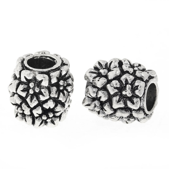 Picture of 2 PCs Zinc Based Alloy European Style Large Hole Charm Beads Antique Silver Color Barrel Flower 11mm x 11mm, Hole: Approx 4.9mm
