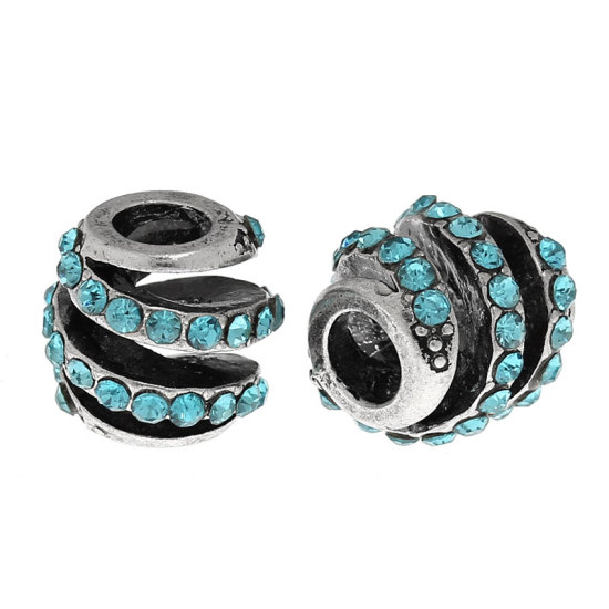 Picture of Zinc Metal Alloy European Style Large Hole Charm Beads Barrel Antique Silver Spiral Pattern Hollow Lake Blue Rhinestone About 11mm x 11mm, Hole: Approx 4.5mm, 1 PCs