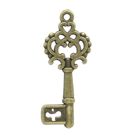 Picture of Charm Pendants Key Antique Bronze Hollow Flower Carved 28x11mm,50PCs