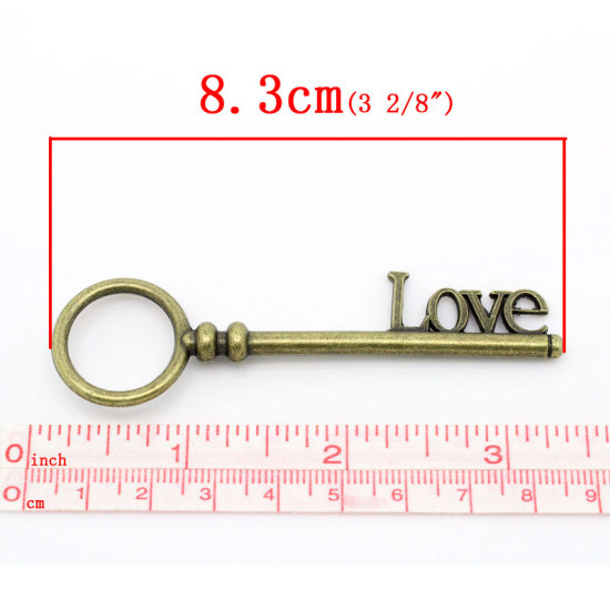 Picture of Charm Pendants Key Antique Bronze "Love" Carved Hollow 8.3x2.4cm,5PCs