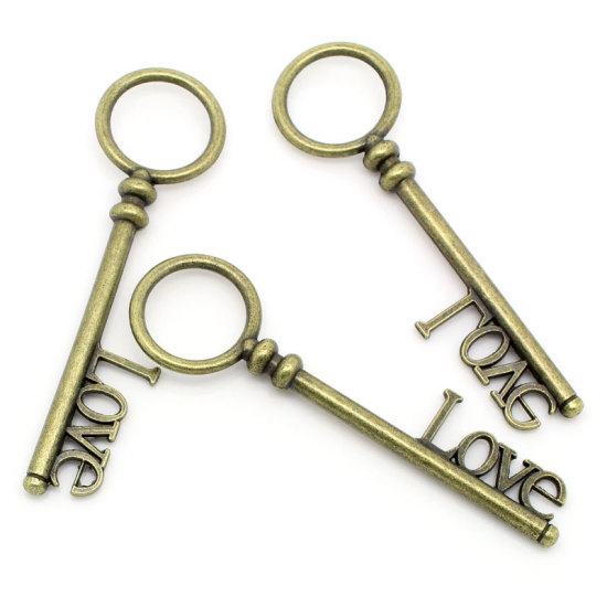 Picture of Charm Pendants Key Antique Bronze "Love" Carved Hollow 8.3x2.4cm,5PCs