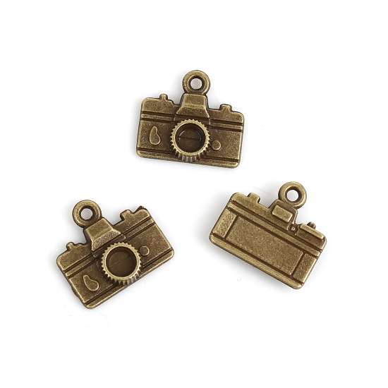 Immagine di Lega di Zinco Charm Ciondoli Viaggi  Camera Tono del Bronzo ss16 Strass Crepa Disegno 15.5mm x 14.0mm, 50 Pz