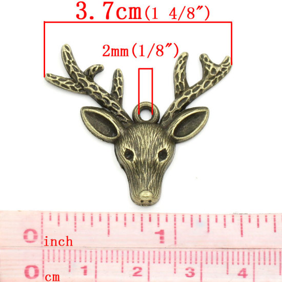 Picture of Zinc Metal Alloy Christmas Pendants Deer Head Animal Antique Bronze 3.7cm x 3.1cm(1 4/8"x1 2/8"), 30 PCs