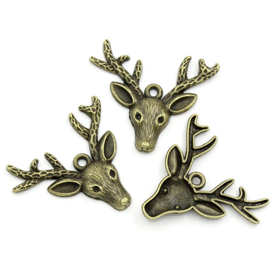 Picture of Zinc Metal Alloy Christmas Pendants Deer Head Animal Antique Bronze 3.7cm x 3.1cm(1 4/8"x1 2/8"), 30 PCs