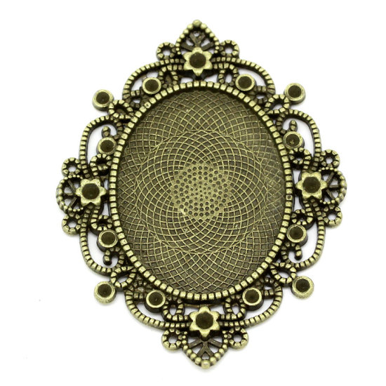 Picture of Zinc Based Alloy Cabochon Setting Embellishments Oval Antique Bronze Flower Carved (Fits 4cm x 3cm, Can Hold ss11 Rhinestone) 6.8cm(2 5/8") x 5.2cm(2"), 5 PCs