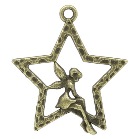 Imagen de Colgantes Aleación del Metal Del Zinc de Estrellas de cinco puntos,Ángel   Tono Bronce Rhinestone 28.0mm x 25.0mm, 50 Unidades 