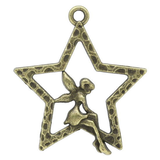 Immagine di Lega di Zinco Charm Ciondoli Stella a Cinque Punte Tono del Bronzo Angelo Disegno 28.0mm x 25.0mm, 50 Pz