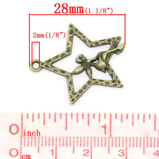 Immagine di Lega di Zinco Charm Ciondoli Stella a Cinque Punte Tono del Bronzo Angelo Disegno 28.0mm x 25.0mm, 50 Pz