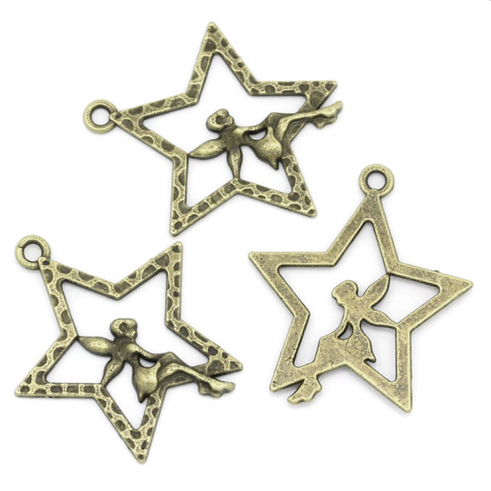 Immagine di Lega di Zinco Charm Ciondoli Stella a Cinque Punte Tono del Bronzo Angelo Disegno 28.0mm x 25.0mm, 50 Pz