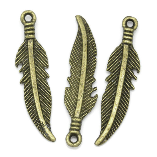 Picture of Charm Pendants Feather Antique Bronze 27x6mm,100PCs 