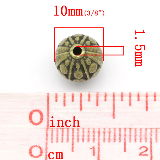 亜鉛合金 スペーサ ビーズ ボール 銅古美メッキ 点パターン 約10.0mm x 9.0mm、 　穴：約1.5mm、 30 PCs の画像