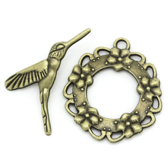 Picture of Zinc Based Alloy Toggle Clasps Findings Garland & Hummingbird Antique Bronze 28mm x 26mm 29mm x 18mm, 3 Sets