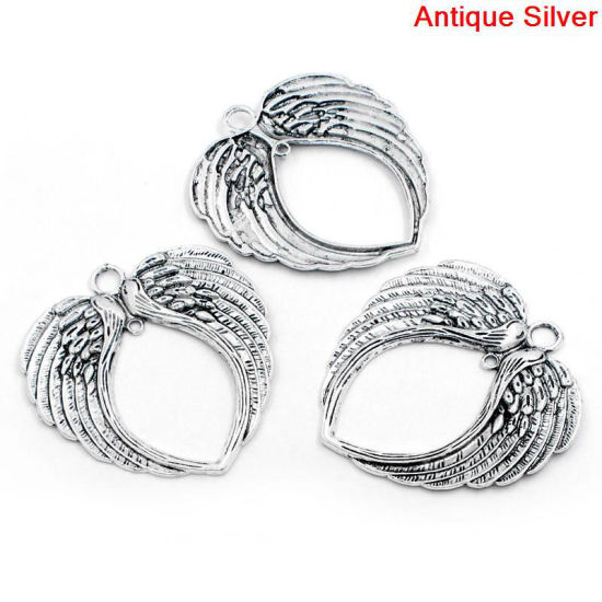 Immagine di 30 Pz Lega di Zinco Pendenti Charms Connettori Accessori Cuore Argento Antico Ali Disegno Filigrana 6.9cm x 6.6cm