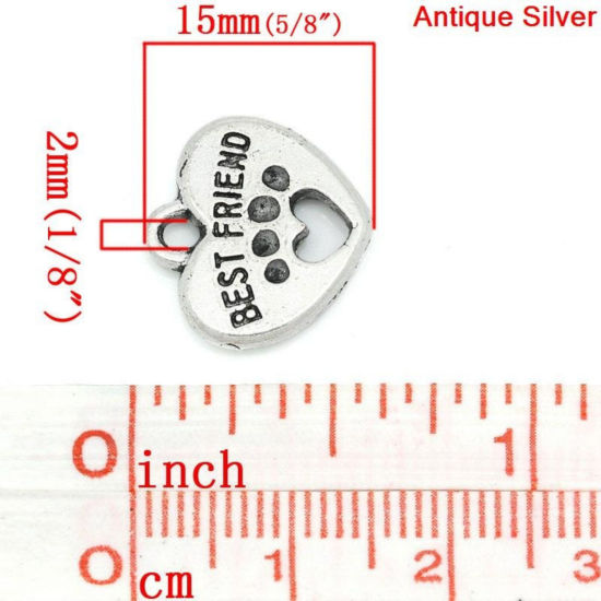 Imagen de Colgantes Aleación del Metal Del Zinc  Garra de oso Corazón,Plata Antigua Mensaje Mejor Amigo 15.0mm x 15.0mm, 30 Unidades