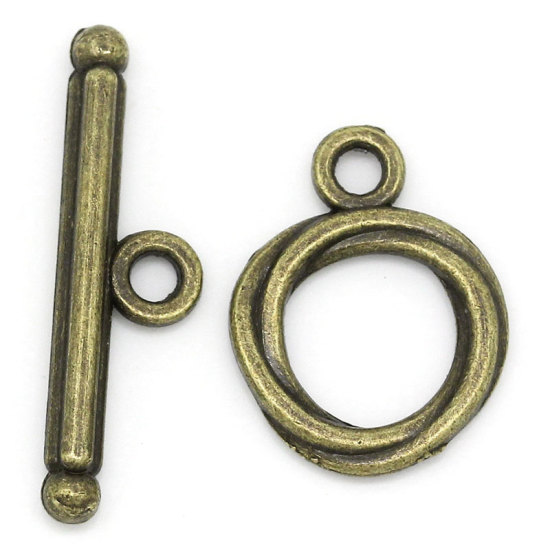 Image de Fermoirs Toggles en Alliage de Zinc Forme Rond Bronze antique, 17mm x 13mm 24mm x 7mm, 50 Sets