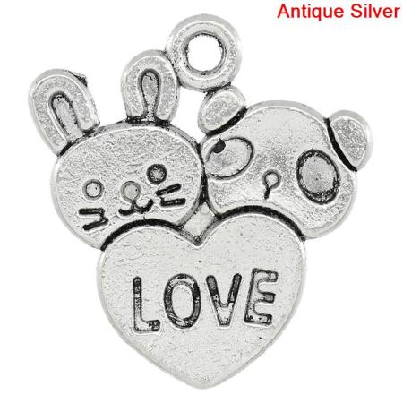 Picture of Zinc Based Alloy Easter Charms Heart Rabbit & Panda Animal Antique Silver Message "Love" Carved 20mm x 18mm(6/8"x 6/8"), 50 PCs