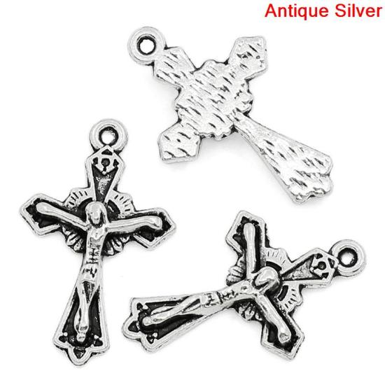 Bild von Zinklegierung Anhänger Kreuz Antik Silber,mit Jesus Muster, 23.0mm x 15.0mm, 50 Stück 