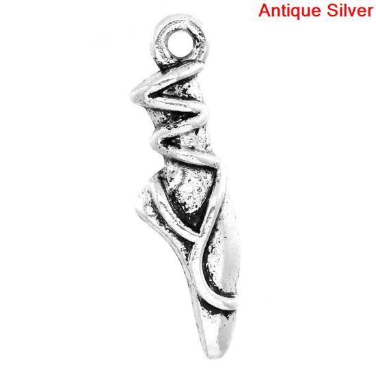 Immagine di Lega di Zinco Charm Ciondoli Scarpe di Balletto Argento Antico Striscia Disegno 23.0mm x 7.0mm, 50 Pz