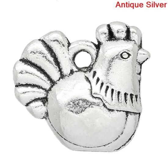 Picture of Zinc Based Alloy Easter Charms Chicken/ Rooster Animal Antique Silver Stripe Carved 13mm(4/8") x 12mm(4/8"), 50 PCs