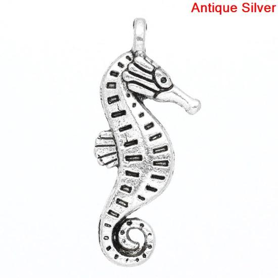 Picture of Ocean Jewelry Zinc Based Alloy Charms Sea Horse Animal Antique Silver 22mm x 9mm(7/8"x 3/8"), 50 PCs