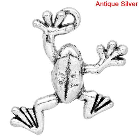 Picture of Zinc Metal Alloy Charm Pendants Frog Animal Antique Silver 25mm(1") x 19mm(6/8"), 30 PCs