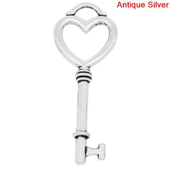 Picture of Charm Pendants Heart Key Antique Silver 5.5x2cm,10PCs