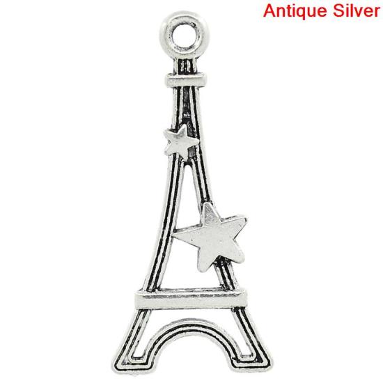 Immagine di Lega di Zinco Charm Ciondoli Torre Argento Antico Stella Disegno 29.0mm x 13.0mm, 100 Pz