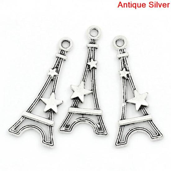 Immagine di Lega di Zinco Charm Ciondoli Torre Argento Antico Stella Disegno 29.0mm x 13.0mm, 100 Pz