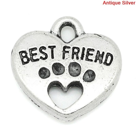 Picture of Zinc Metal Alloy Charm Pendants Heart Bear Paw Antique Silver Color Message " Best Friend " Carved 15mm(5/8") x 15mm(5/8"), 30 PCs